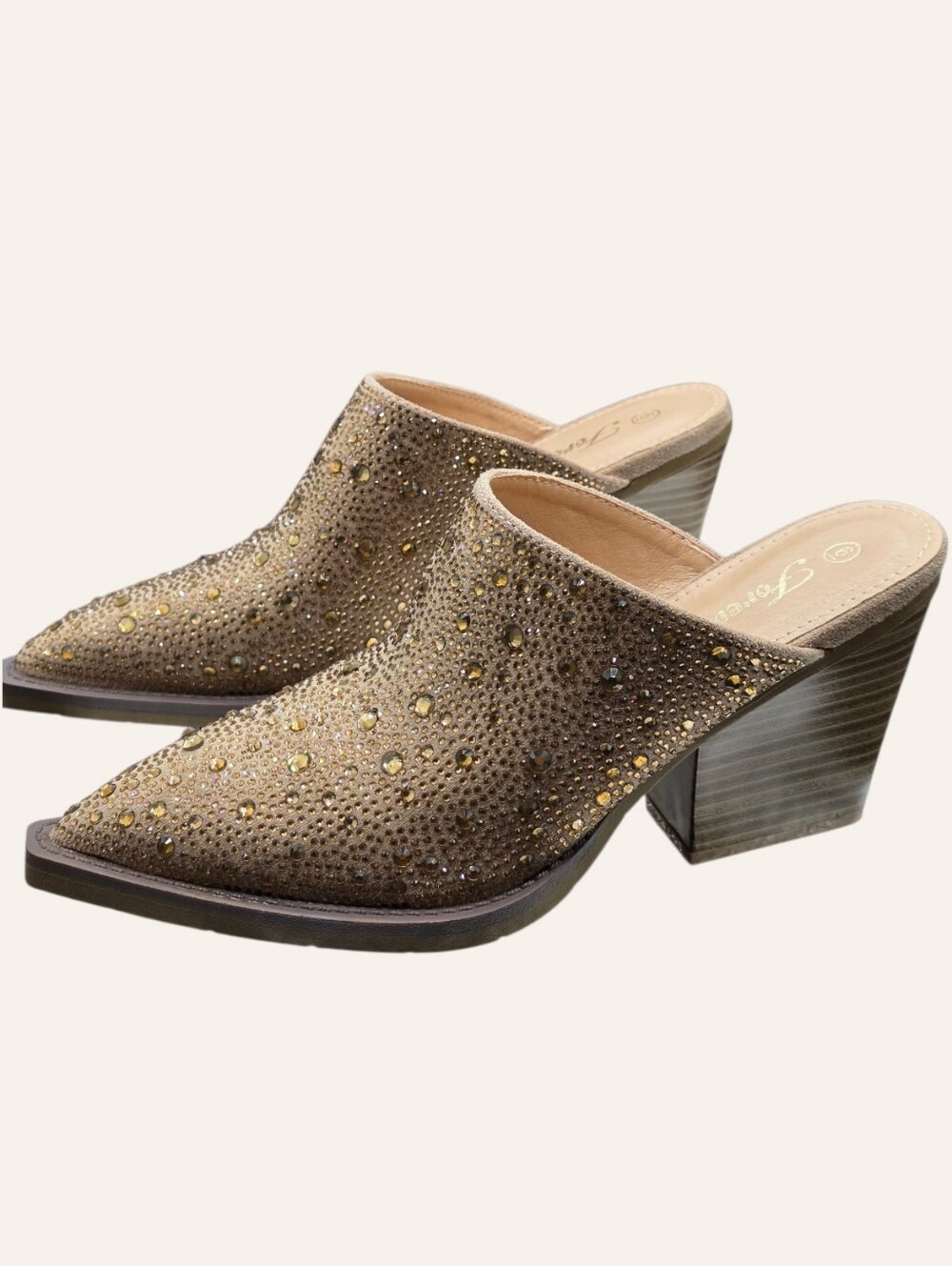 Forever Champagne Rhinestone Mule Heels Size 6 NIB Western Glam
